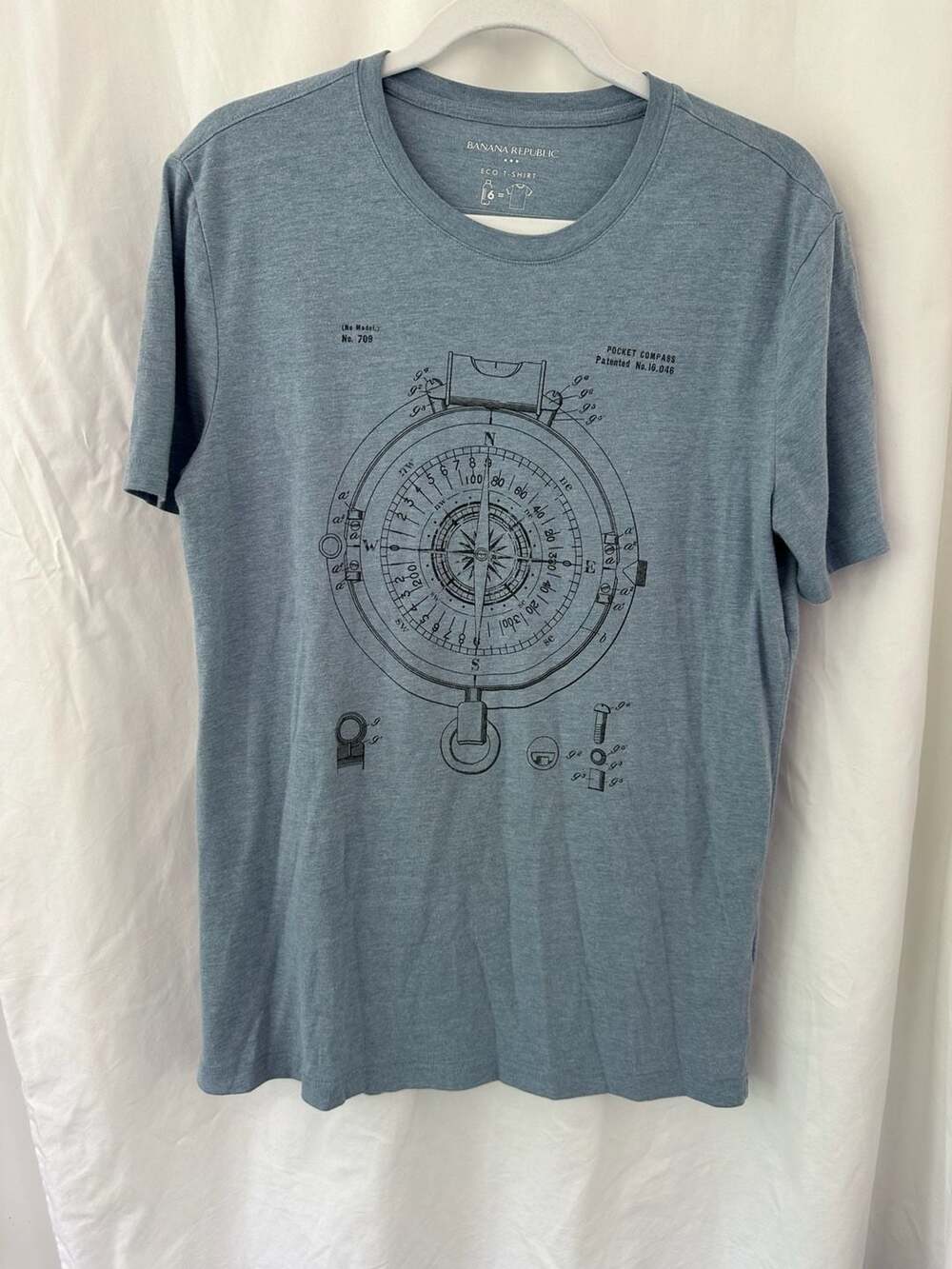 Banana Republic Eco T-Shirt Blue Pocket Compass Patent Print Medium Long